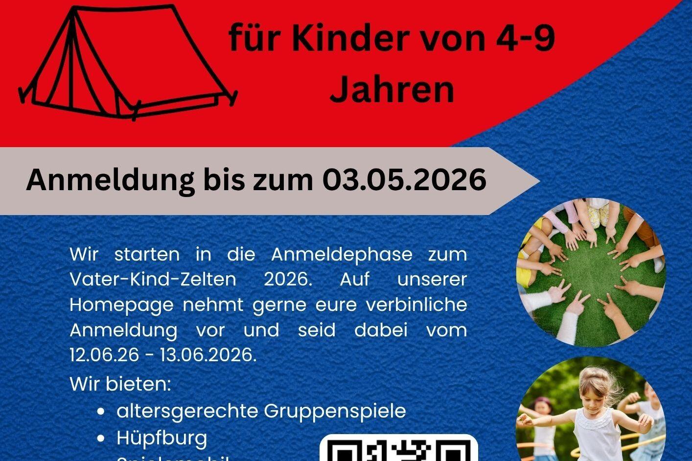 Ank&uuml;ndigungsplakat f&uuml;r das Vater-Kind-Zeltlager 2026 mit Informationen zu Anmeldung und Aktivit&auml;ten f&uuml;r Kinder von 4-9 Jahren.
