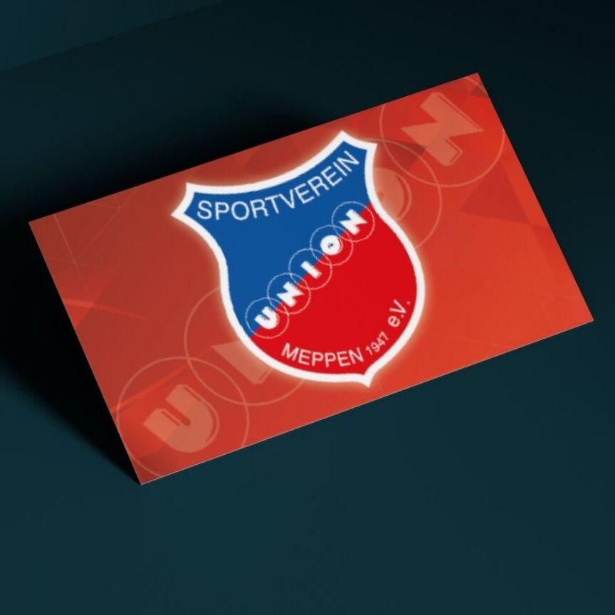 Mitgliedsausweis des Sportvereins Union Meppen, rot-blauer Hintergrund mit Vereinslogo.