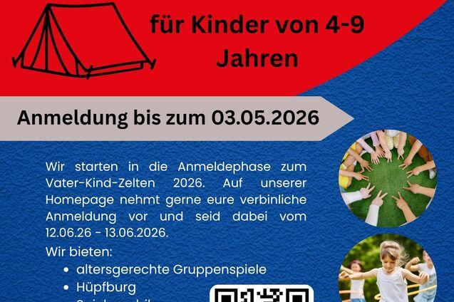 Ank&uuml;ndigungsplakat f&uuml;r das Vater-Kind-Zeltlager 2026 mit Informationen zu Anmeldung und Aktivit&auml;ten f&uuml;r Kinder von 4-9 Jahren.