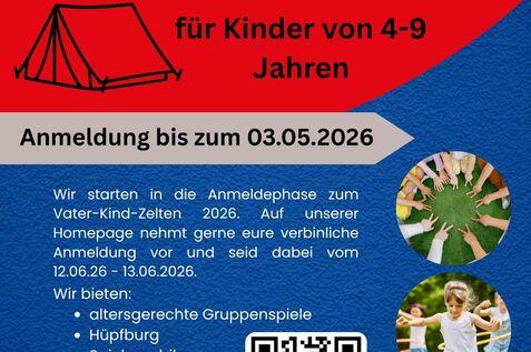 Ankündigungsplakat für das Vater-Kind-Zeltlager 2026 mit Informationen zu Anmeldung und Aktivitäten für Kinder von 4-9 Jahren.