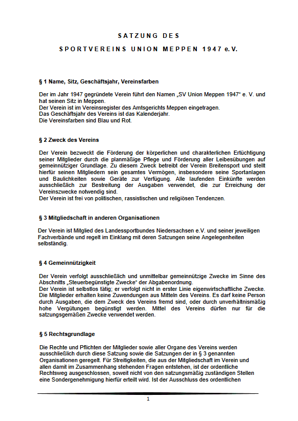 Satzung des Sportvereins Union Meppen 1947 e.V. auf einem Dokument. Textgliederung zu Vereinsname, Zweck und Mitgliedschaft.