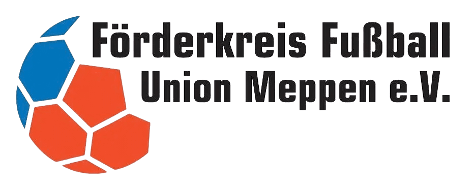 Logo des F&ouml;rderkreises Fu&szlig;ball Union Meppen e.V. mit stilisiertem Fu&szlig;ball in Blau und Orange.