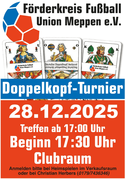 Plakat f&uuml;r Doppelkopf-Turnier der Fu&szlig;ballfreunde Union Meppen, Datum 28.12.2025, Beginn 17:30 Uhr im Clubraum.