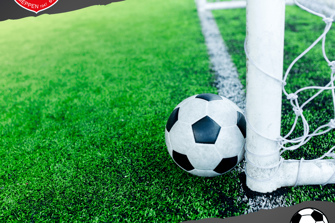 Nahaufnahme eines Fu&szlig;balls neben einem Fu&szlig;balltor auf gr&uuml;nem Kunstrasen. Text &bdquo;ABTEILUNGSVERSAMMLUNG&ldquo; unten.