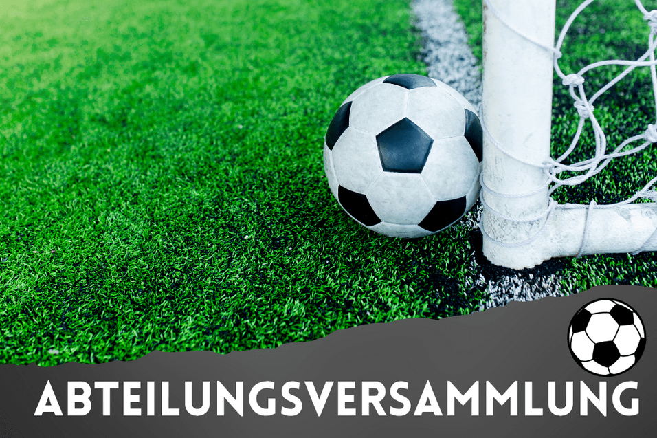Nahaufnahme eines Fu&szlig;balls neben einem Fu&szlig;balltor auf gr&uuml;nem Kunstrasen. Text &bdquo;ABTEILUNGSVERSAMMLUNG&ldquo; unten.
