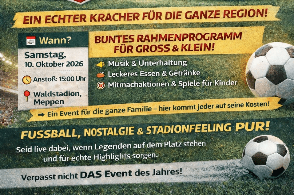 Plakat f&uuml;r Fu&szlig;ballspiel zwischen SV Union Meppen Allstars und 1. FC K&ouml;ln mit Veranstaltungsdetails und Rahmenprogramm.
