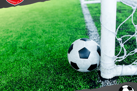 Nahaufnahme eines Fußballs neben einem Fußballtor auf grünem Kunstrasen. Text „ABTEILUNGSVERSAMMLUNG“ unten.