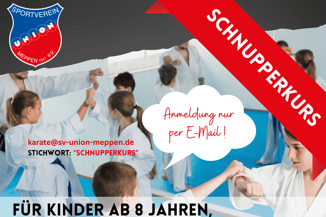 Grafik mit Ank&uuml;ndigung eines Schnupperkurses f&uuml;r Shotokan Karate, Termine f&uuml;r Kinder, Jugendliche und Erwachsene.