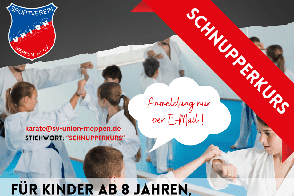 Grafik mit Ank&uuml;ndigung eines Schnupperkurses f&uuml;r Shotokan Karate, Termine f&uuml;r Kinder, Jugendliche und Erwachsene.