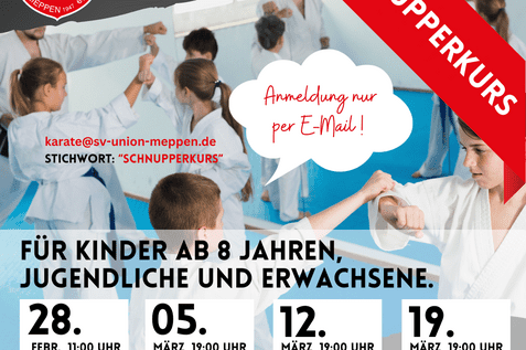 Grafik mit Ankündigung eines Schnupperkurses für Shotokan Karate, Termine für Kinder, Jugendliche und Erwachsene.