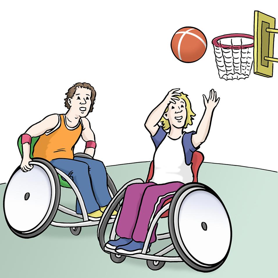 Zwei Personen im Rollstuhl spielen Basketball, w&auml;hrend ein Ball auf den Korb geworfen wird.