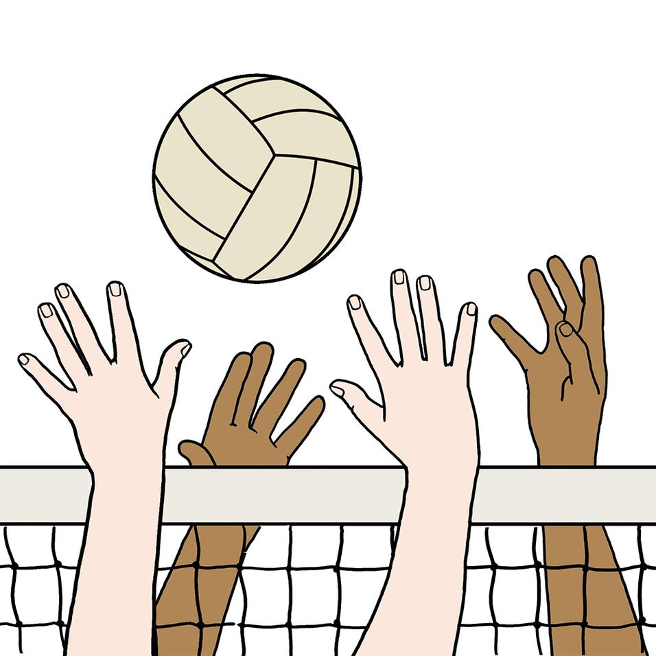 H&auml;nde strecken sich nach einem Volleyball &uuml;ber einem Netz in einer minimalistischen Illustration.