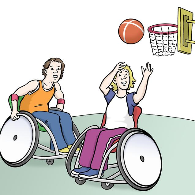 Zwei Personen im Rollstuhl spielen Basketball, w&auml;hrend ein Ball auf den Korb geworfen wird.