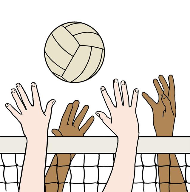H&auml;nde strecken sich nach einem Volleyball &uuml;ber einem Netz in einer minimalistischen Illustration.