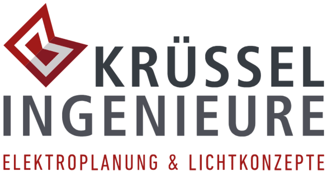 Logo von Kr&uuml;ssel Ingenieure mit dem Schriftzug "Elektroplanung & Lichtkonzepte" in rot- und graut&ouml;nen.