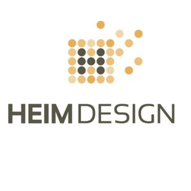 Logo von Heimdesign mit einem Muster aus Punkten in verschiedenen Farbt&ouml;nen und dem Schriftzug &bdquo;HEIM DESIGN&ldquo;.