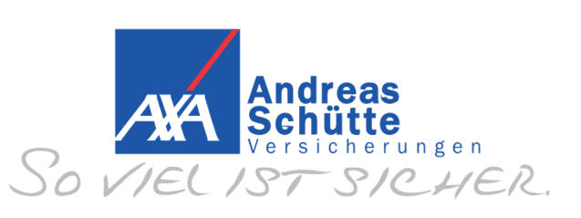 Logo der AXA-Versicherung mit dem Schriftzug &bdquo;Andreas Sch&uuml;tte Versicherungen&ldquo; und dem Slogan &bdquo;So viel ist sicher.&ldquo;