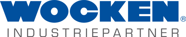 Logo der Firma Wocken mit dem Schriftzug &bdquo;Wocken. INDUSTRIEPARTNER.&ldquo; in Blau und Schwarz.