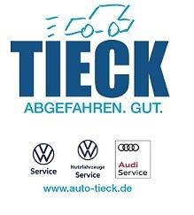 Logo der Firma TIECK mit den Marken Volkswagen und Audi sowie dem Slogan &bdquo;ABGEFAHREN. GUT.&ldquo; in blau.
