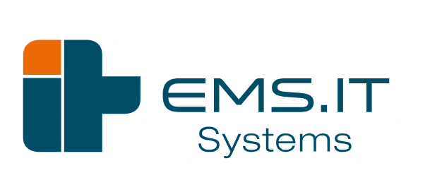 Logo von EMS.IT Systems mit einer stilisierten Darstellung der Buchstaben &bdquo;iT&ldquo; und &bdquo;EMS&ldquo; in Blau und Orange.