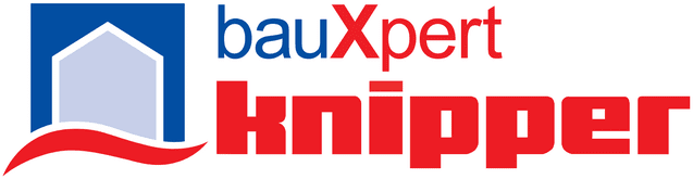 Logo von bauXpert Knipper mit stilisiertem Haus und rotem Schriftzug.