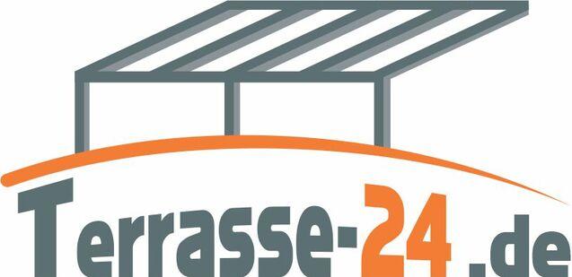 Logo von Terrasse-24.de, mit einem &uuml;berdachten Terrassendach in Grau und orangefarbener Schrift.