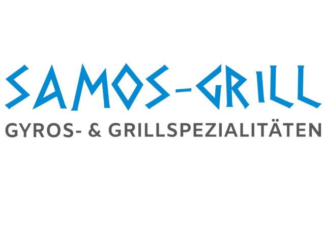 Logo von Samos-Grill mit dem Schriftzug &bdquo;SAMOS-GRILL&ldquo; in blauer Schrift und &bdquo;GYROS- & GRILLSPEZIALIT&Auml;TEN&ldquo; in grauer Schrift.