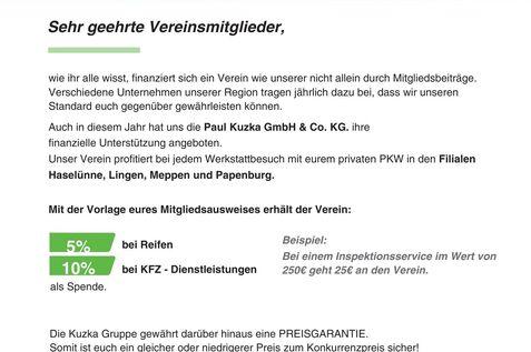Mitgliederschreiben des SV Union Meppen 1947 e.V. zur finanziellen Unterstützung durch lokale Unternehmen.