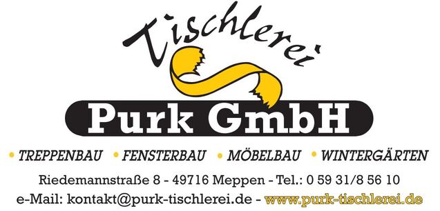 Logo der Tischlerei Purk GmbH mit Kontaktinformationen und Dienstleistungen wie Treppenbau und M&ouml;belbau.