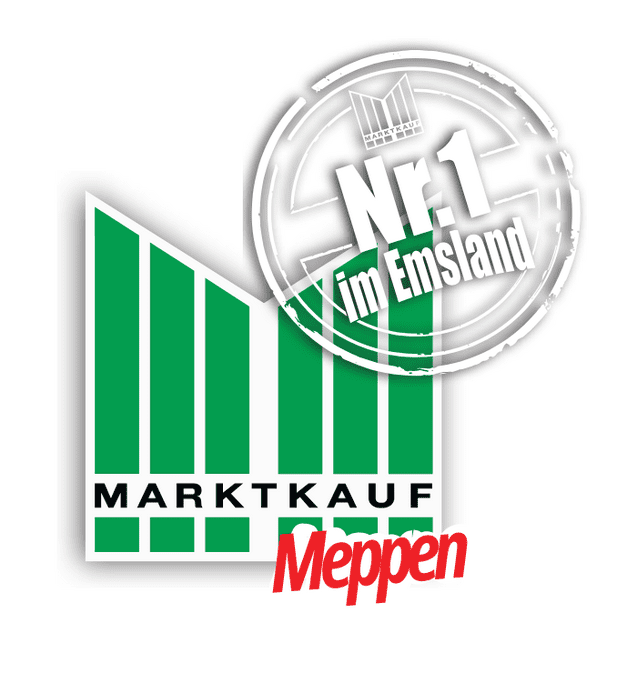 Logo von Marktkauf Meppen mit gr&uuml;nen Balken und dem Schriftzug &bdquo;Nr. 1 im Emsland&ldquo; in einem runden Stempel.