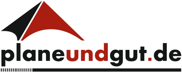 Logo von planeundgut.de mit einem roten und schwarzen Zelt-Symbol und modernem Schriftzug.
