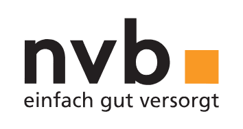 Logo der nvb GmbH mit Schriftzug &bdquo;einfach gut versorgt&ldquo; in Schwarz und Orange auf wei&szlig;em Hintergrund.